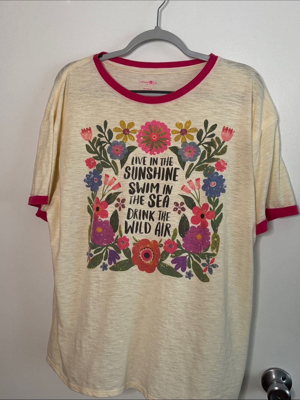 NATURAL LIFE Cream Short-Sleeve Tee with Pink Trim & Floral Graphic